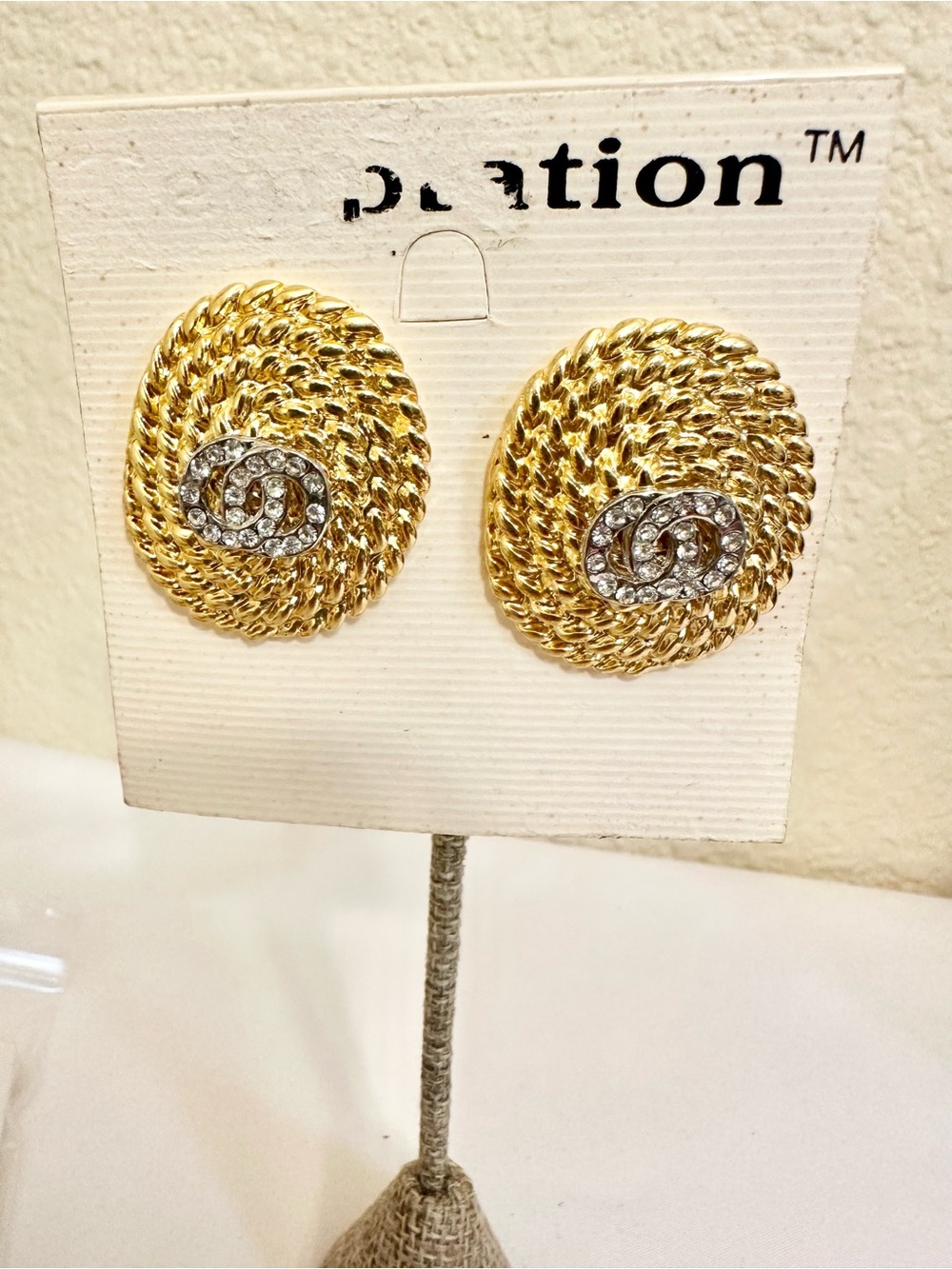 VTG Gold Twist Rope Crystal Accent Button Earrings